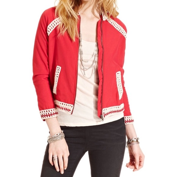 Free People Cherry Red Crochet Bomber Jacket - Picture 6 of 8